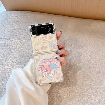 Cute Cartoon Case with Phone Stand | Checkered Yellow LittleTwinStars Blue Cinnamoroll - Phone Case Samsung Galaxy Z Flip 3 4 5 6 W24 W23
