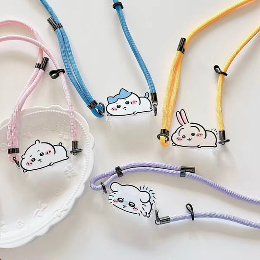 Japanese Cartoon Phone Back Clip with Phone Lanyard | Laying Chiikawa Hachiware Usagi Momonga - for All Smart Phones