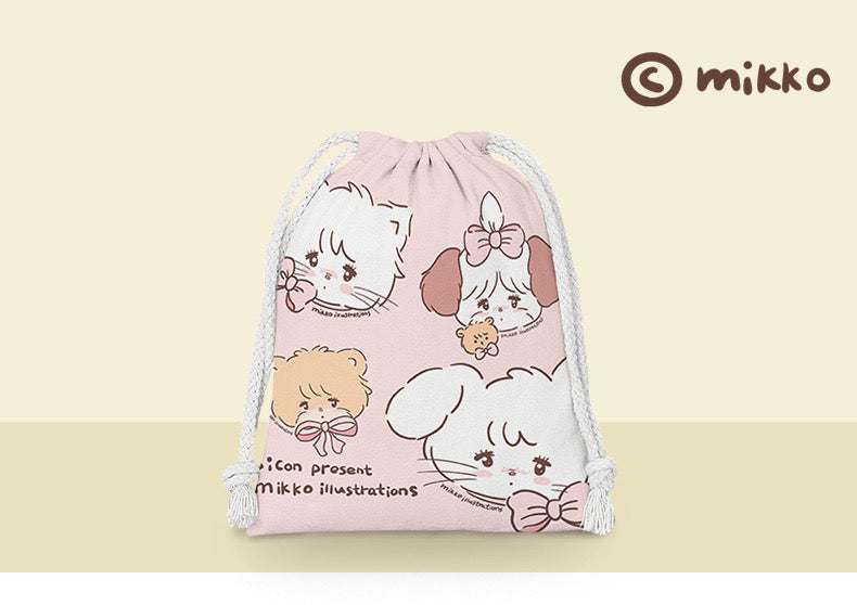 Mikko illustration Drawstring Pockets | Kawaii Bear Latte Dog Souffie Kitten Mousse Rabbit Cammy - 3 Size Tidy up Bag Kawaii Style