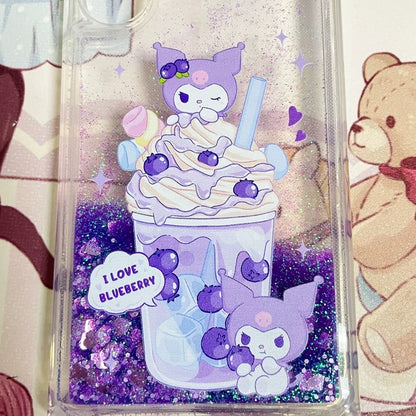 Japanese Cartoon Kuromi Blueberry Ice Cream - Purple Glitter QuickSand iPhone Case 6 7 8 PLUS SE2 XS XR X 11 12 13 14 15 Pro Promax 12mini 13mini
