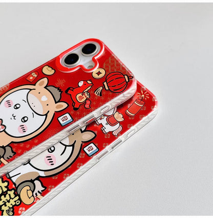 Japanese Cartoon ChiiKawa Laser Phone Case with Strap | Red Horse ChiiKawa Hachiware Usagi - iPhone Case PLUS SE2 11 12 13 14 15 16 16e 17 17e Pro Promax 12mini 13mini