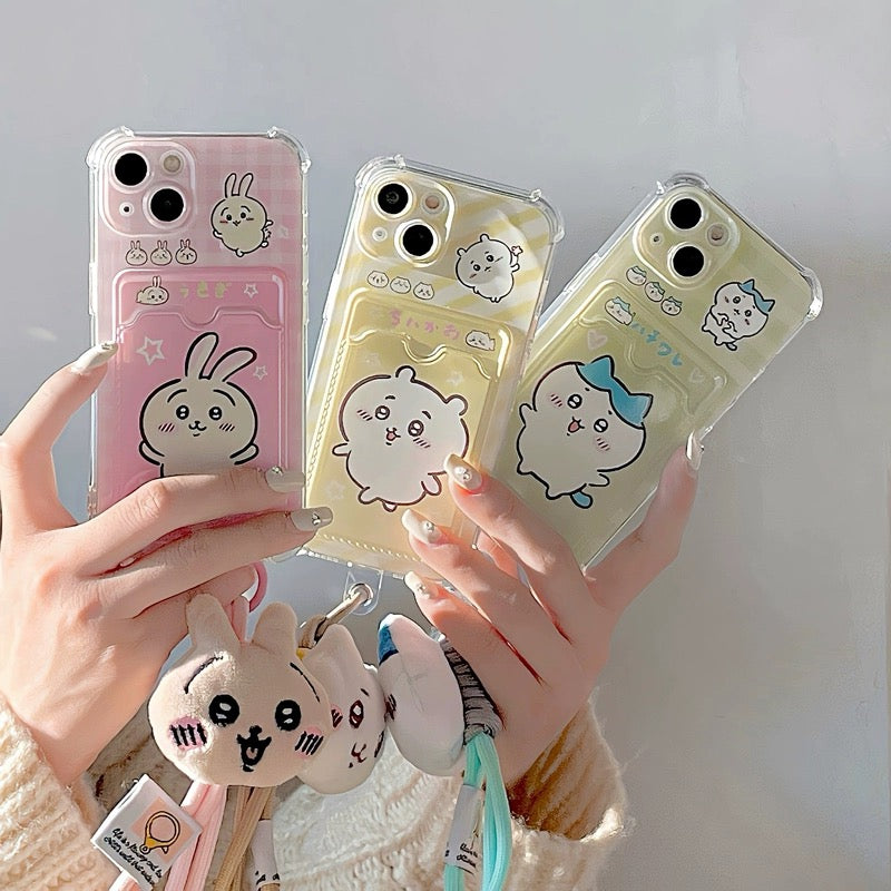 Japanese Cartoon ChiiKawa Hachiware Usagi with Handle Strap Card Holder iPhone Case 11 12 13 14 15 Pro Promax