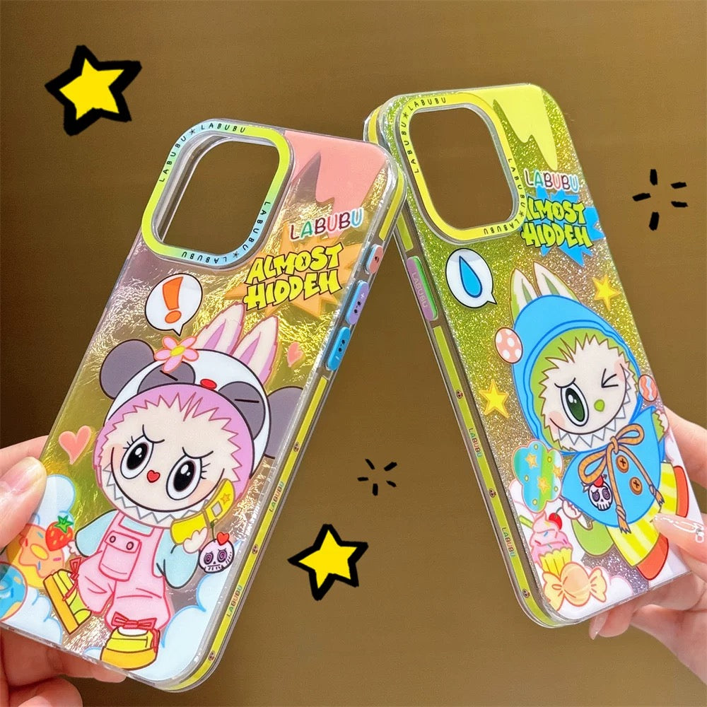 Cute Cartoon Labubu Outing with Fashion | Blue & Pink Glitter - iPhone Case 12 13 14 15 Pro Promax