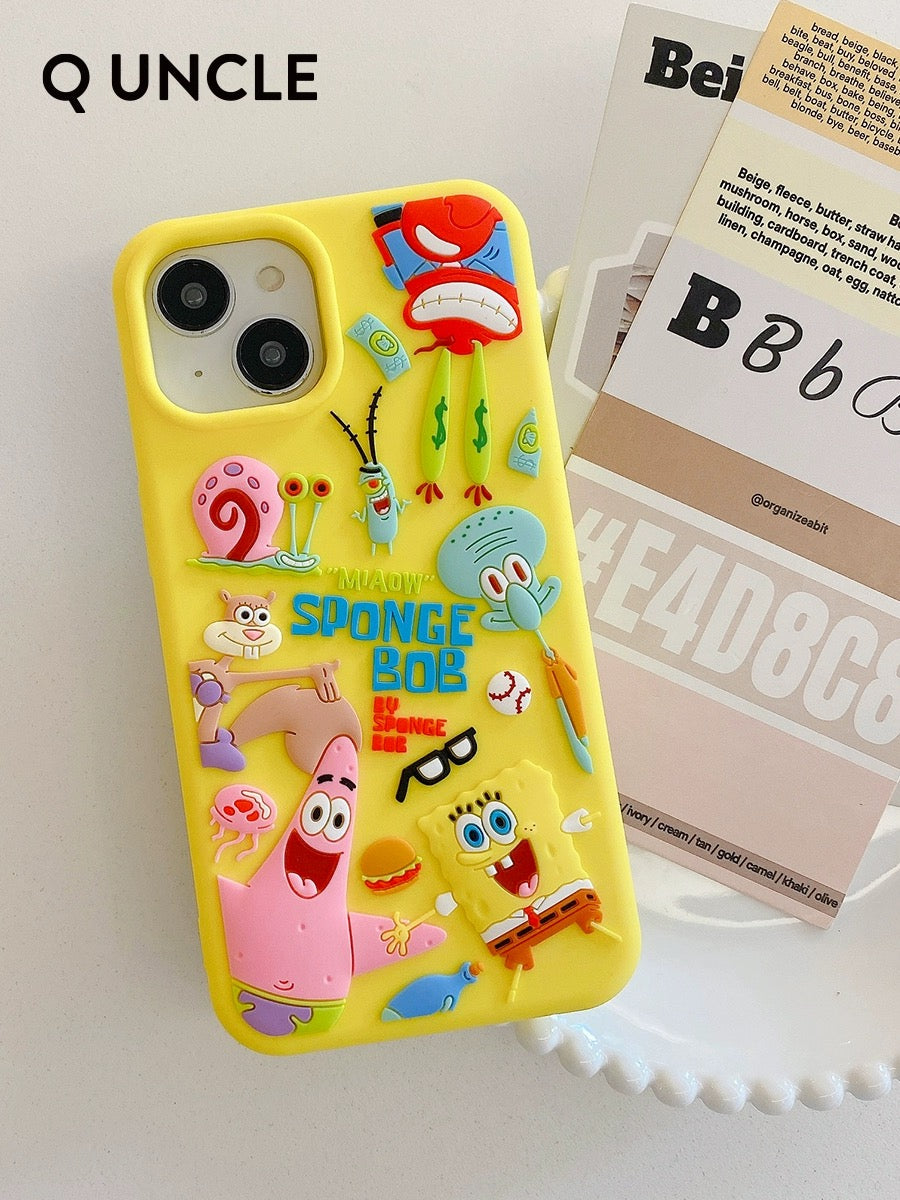 Cartoon Silicone Spongebob Patrick Star with friends Pink Yellow Sea Monster - iPhone Case 15 14 13 Pro ProMax
