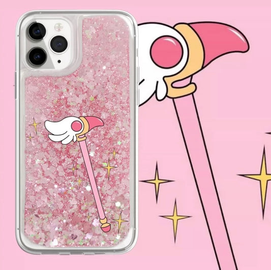 Japanese Cartoon CardCaptorSakura Magic Wand Stick - Silver Pink Heart Glitter QuickSand iPhone Case 6 7 8 PLUS SE2 XS XR X 11 12 13 14 15 Pro Promax 12mini 13mini