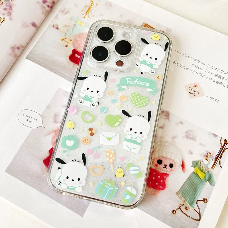 Japanese Cartoon Sanrio | Clean Glitter Full Hello Kitty My Melody Kuromi Cinnamoroll Pompompurin Pochacco - iPhone Case 13 14 15 Pro Promax Plus