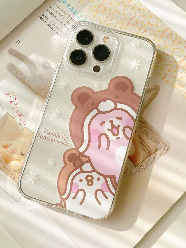 Japanese Cartoon Kanahei | Winter with Bear Hat Pink Rabbit and White Chicken - iPhone Case 12 13 14 15 Pro Promax