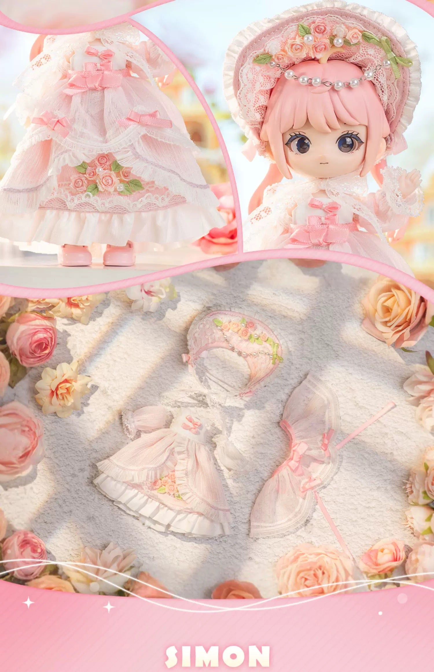 Simon Toys Liroro Summer Island | Rococo Victorian Lolita Outfits Pink Rose - 1/12 ob11 11cm BJD Doll Ball Joint Doll