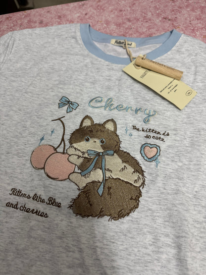 Korean Fashion Cute Animals Style T-Shirt Series | Embroidery Cherry Cat - Kawaii Fashion Items