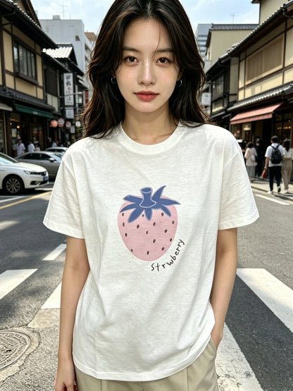 Korean Fashion Cute Fruits Style T-Shirt Series | Pink Strawberry with Gittler Bling Tee - Kawaii Fashion Items