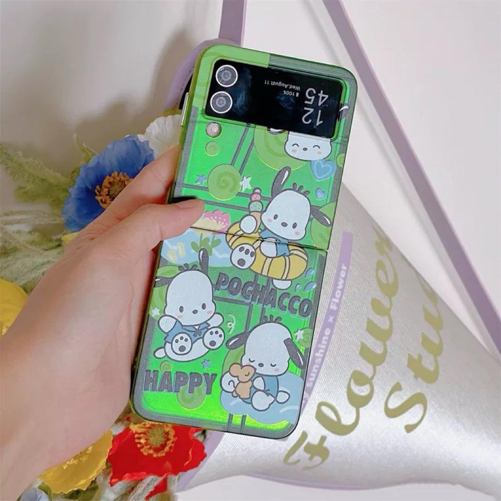 Japanese Cartoon | Plating Purple Kuromi Green Pochacco - Phone Case Samsung Galaxy Z Flip 3 4 5 W23 W24 Filp