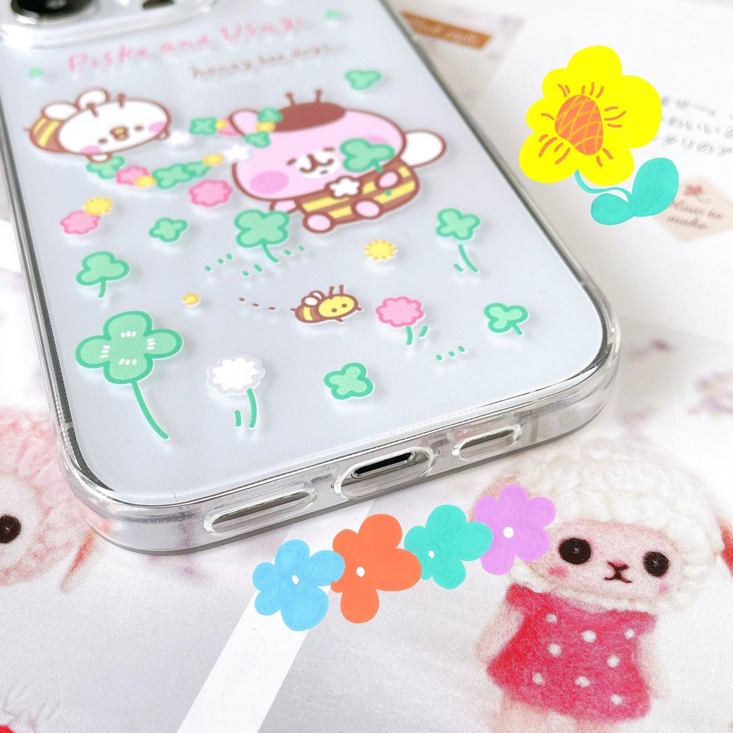 Japanese Cartoon Kanahei | Honey Bee Days Pink Rabbit and White Chicken - iPhone Case 12 13 14 15 Pro Promax