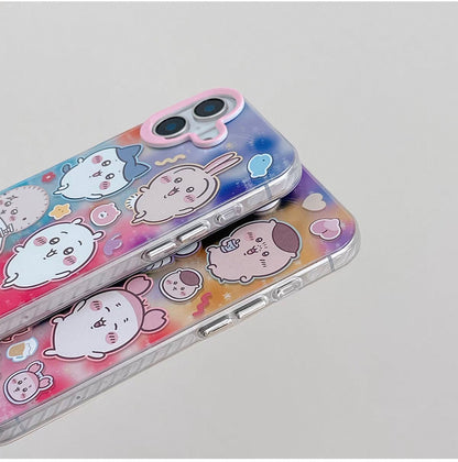 Japanese Cartoon ChiiKawa Laser Phone Case with Strap | Rainbow Galaxy with ChiiKawa Hachiware Usagi Momonga Rakko Kurimanju Shisa Furuhonya - iPhone Case PLUS SE2 11 12 13 14 15 16 16e 17 17e Pro Promax 12mini 13mini