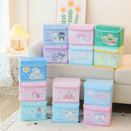Sanrio Characters with Friends Storage Box with Cover | Hello Kitty My Melody Kuromi Little Twin Stars Marron Cream Cinnamoroll Pompompurin Pocahcco KeroKeroKeroppi Hangyodon - Bedroom Girl Gift