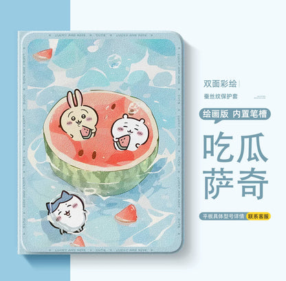 Japanese Cartoon ChiiKawa 360 Swivel Silicone iPad Case | Chiikawa Hachiware Usagi Eating Watermelon - iPad Mini 4,5,6/ iPad Air 4/ iPad Pro