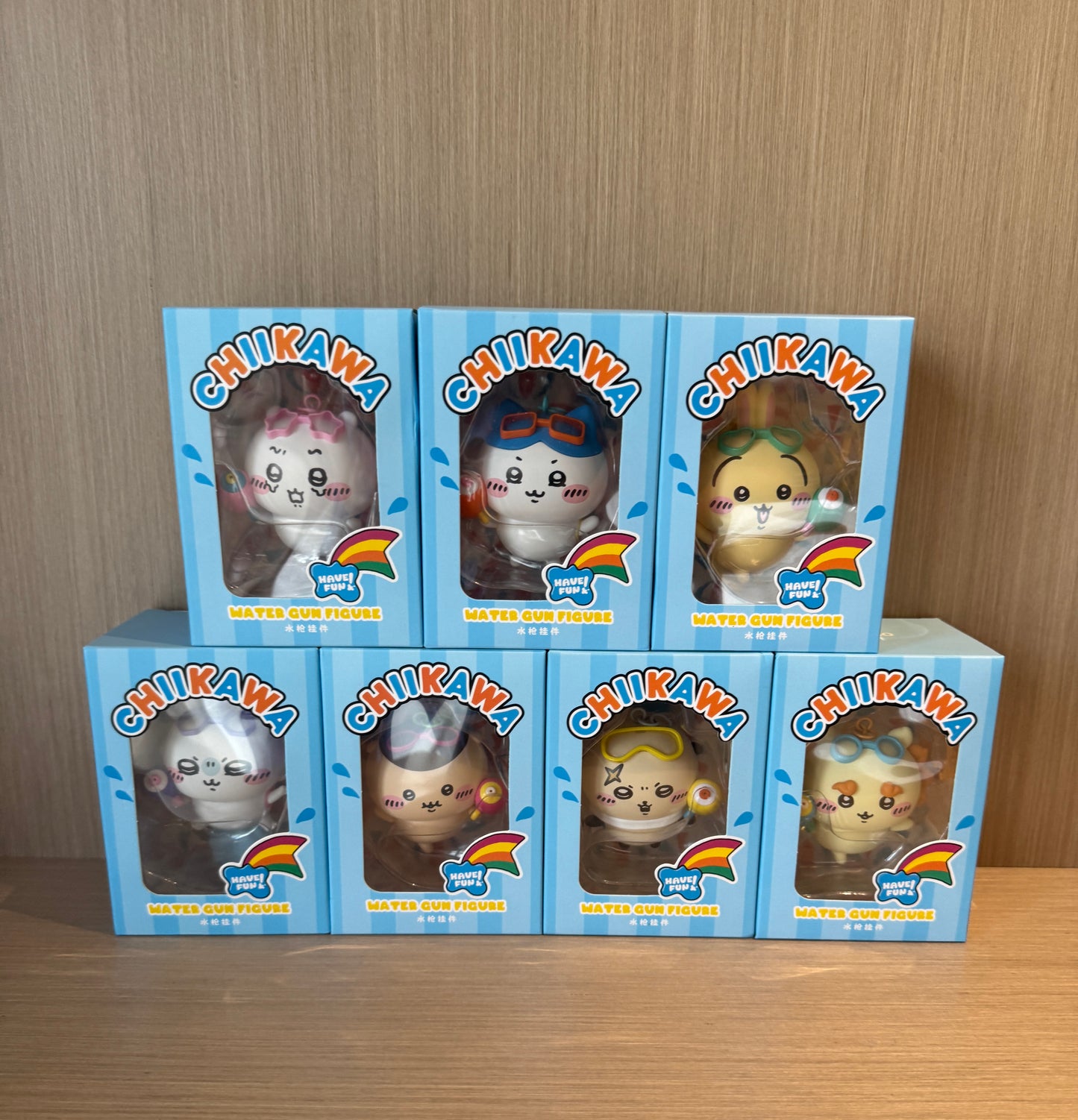 ChiiKawa X Miniso Hot Summer Series | ChiiKawa Hachiware Usagi Momonga Kurimanju Rakko Shisa Playing Water Gun Cute Plastic Doll Keychain - Kawaii Items Room Decoration Doll