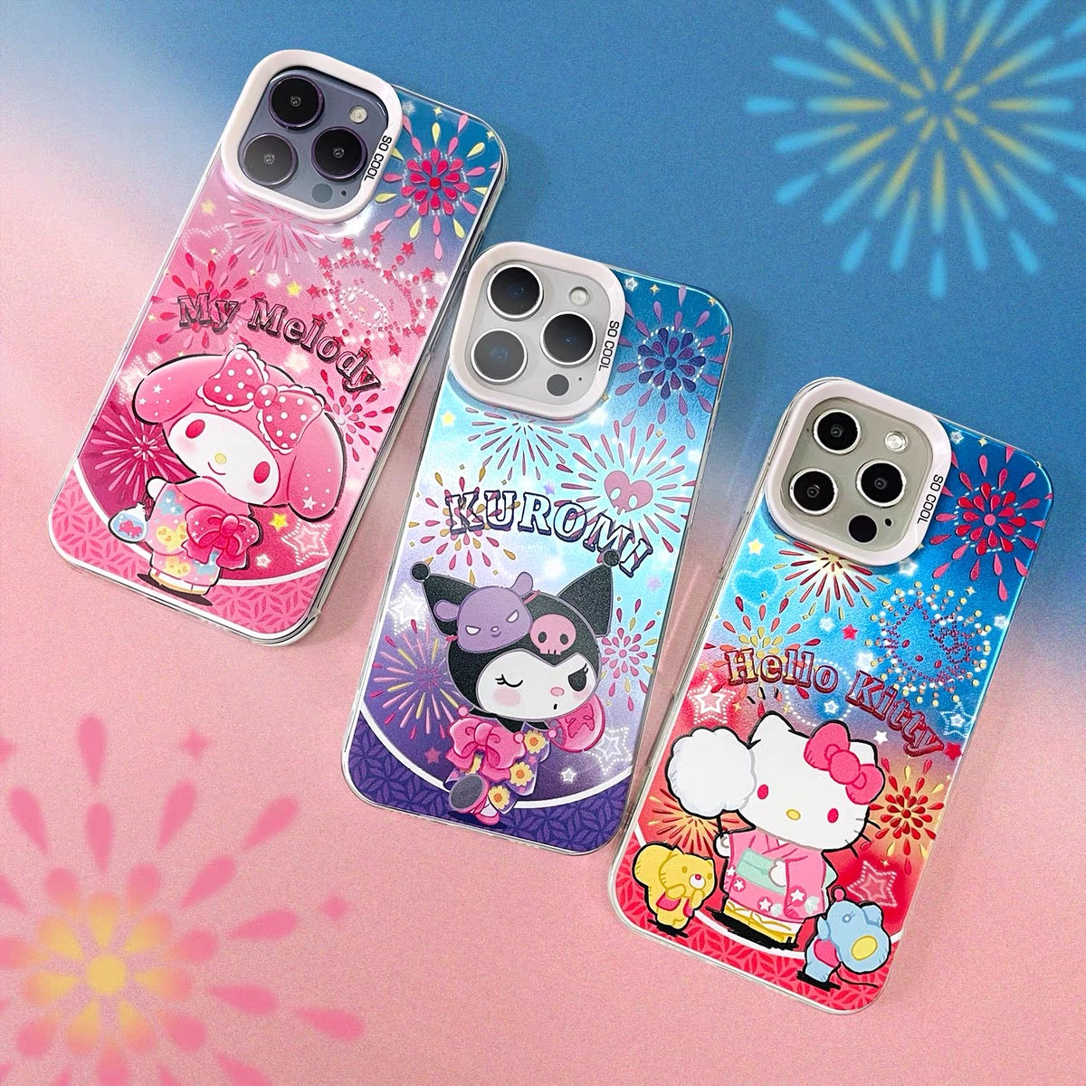 Japanese Cartoon Sanrio Summer Festival Laser Case | Hello Kitty My Melody Kuromi 3 Styles - iPhone Case 11 12 13 14 15 16 16e 17 17e Pro Promax