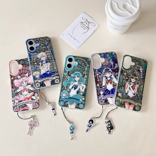 Japanese Cartoon Sailor Moon Phone Case with Strap Comic Version | Laser Glass Window Sailor Uranus Neptune Pluto Saturn Chibi Moon - Phone Case Samsung Galaxy S26 S25 S24 S23 S22 S21 FE Ultra Edge