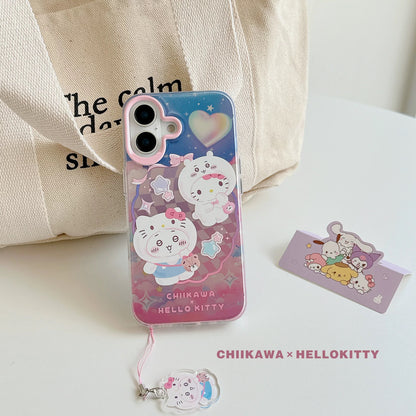 Japanese Cartoon Sanrio X Chiikawa Phone Case with Strap | Laser Kitty Chiikawa Cinnamoroll Hachiware Pompompurin Usagi - Phone Case Samsung Galaxy S25 S24 S23 S22 S21 FE Ultra Edge
