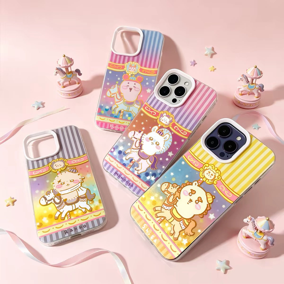 Japanese Cartoon ChiiKawa Go Round Laser Case | Merry Go Round with Momonga Kurimanju Rakko Shisa Crab - iPhone Case 11 12 13 14 15 16 16e 17 17e Pro Promax