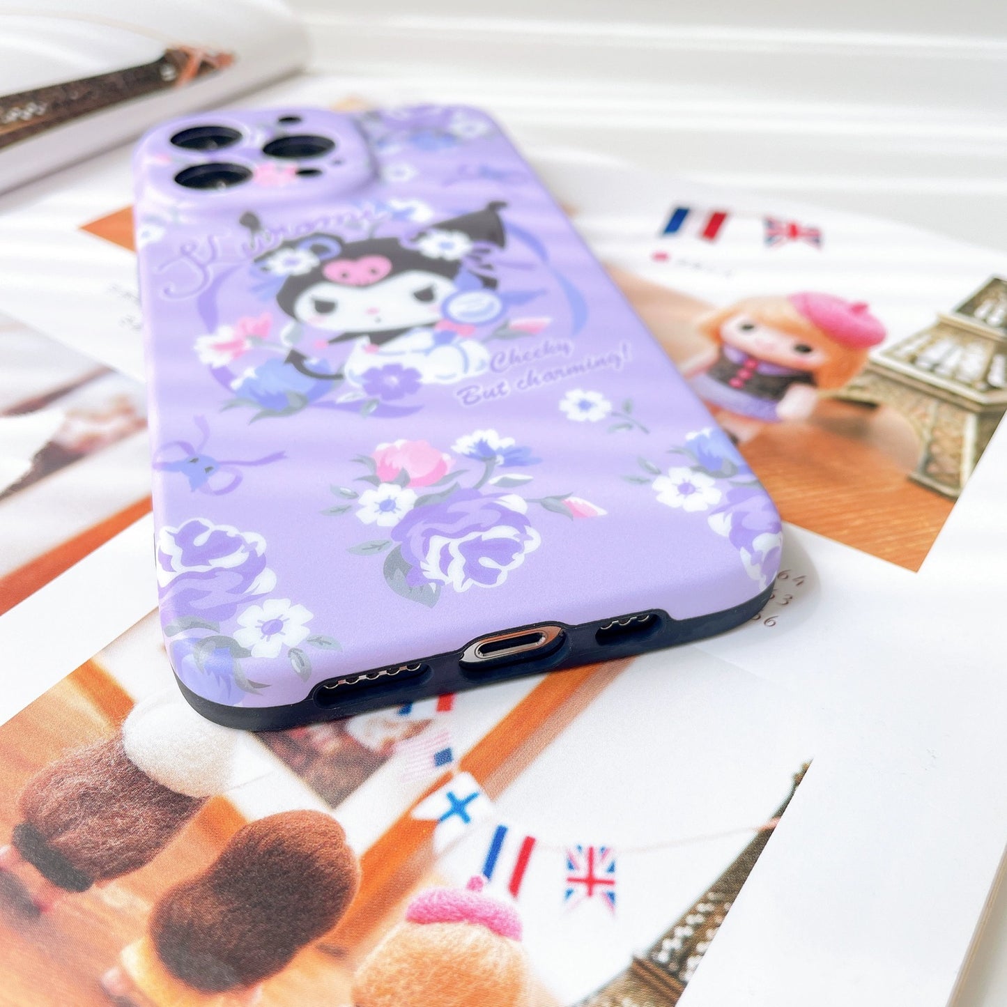 Japanese Cartoon Kuromi with Mirror Flower Purple Matt iPhone Case 12 13 Pro Promax
