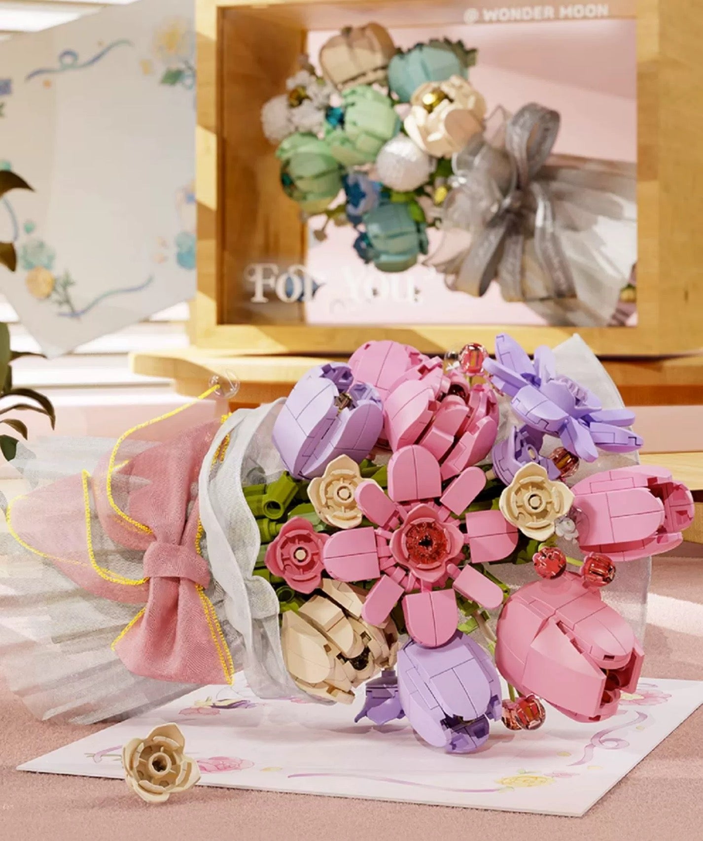 Mini Block Building Block Romantic Flower Bouquet | Pink Tulip Blue The Stars - with LED Lights Valentine Wedding Gift DIY Handmade Gift