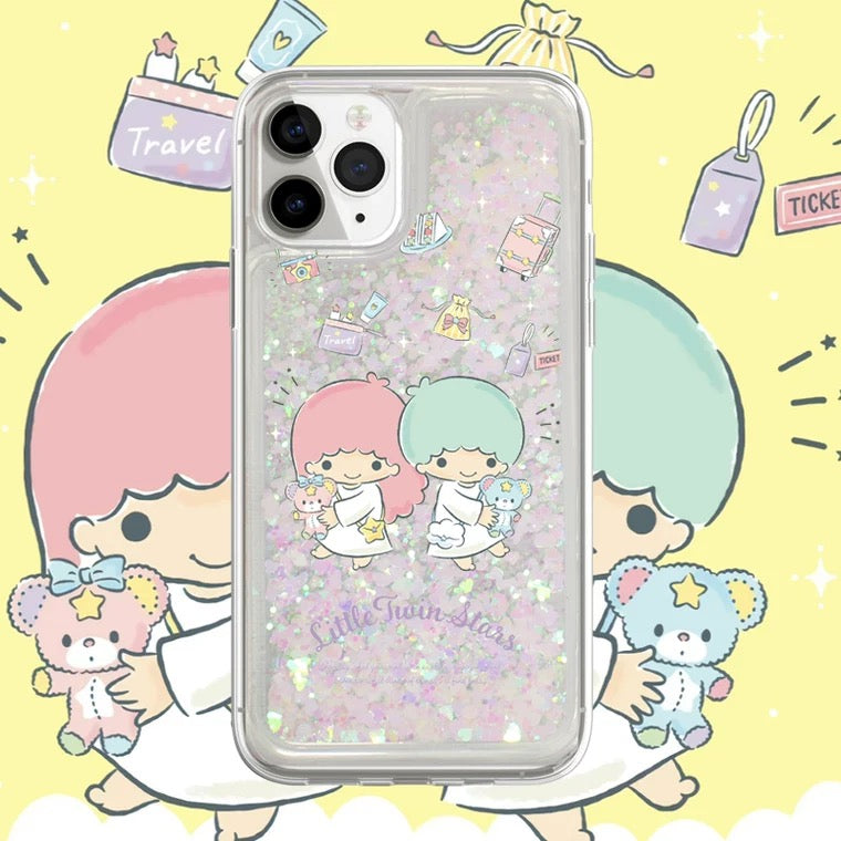 Japanese Cartoon Little Twin Stars with bears -  Silver Pink Glitter QuickSand iPhone Case 6 7 8 PLUS SE2 XS XR X 11 12 13 14 15 Pro Promax 12mini 13mini