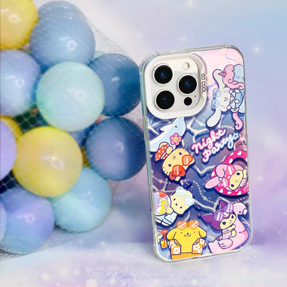 Japanese Cartoon Sanrio Summer Night Party Laser Case | Hello Kitty My Melody Kuromi Cinnamoroll Pompompurin Pochacco - iPhone Case 11 12 13 14 15 16 16e 17 17e 18 Pro Promax