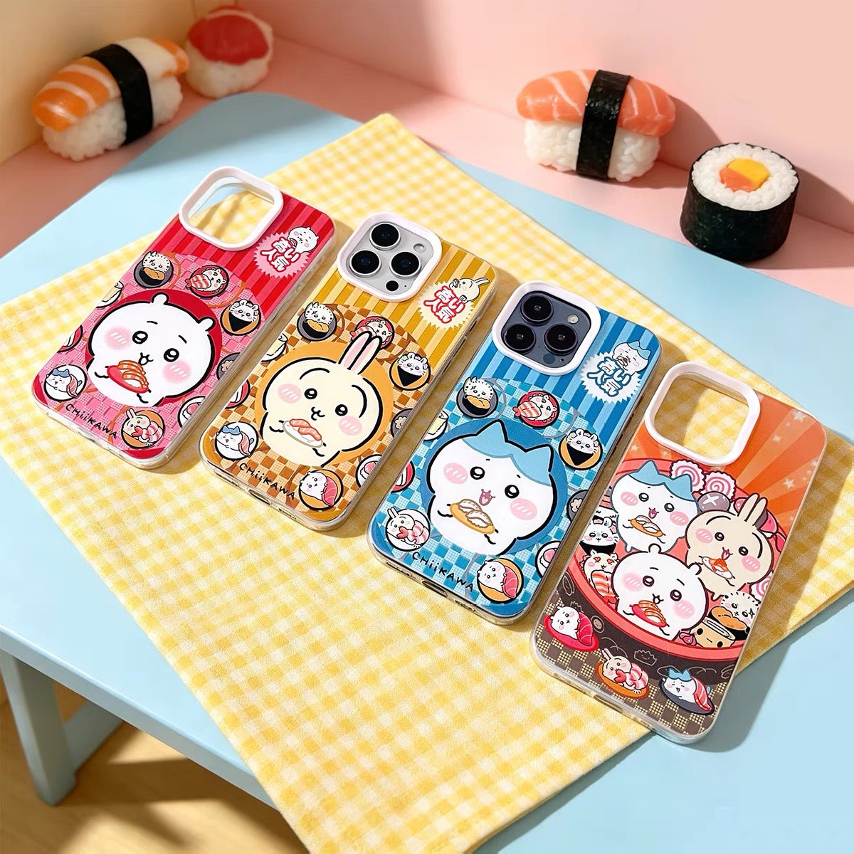 Japanese Cartoon ChiiKawa with Sushi Laser Case | Chiikawa Hachiware Usagi - iPhone Case 11 12 13 14 15 16 16e 17 17e Pro Promax