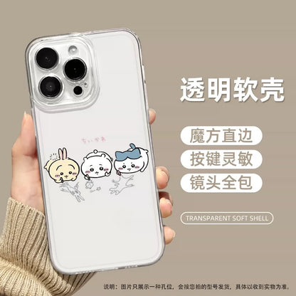 Japanese Cartoon ChiiKawa Black Clear Case | Chiikawa Hachiware Usagi Drawing on Floor - iPhone Case PLUS SE2 XS XR X 11 12 13 14 15 16 16e 17 17e Pro Promax 12mini 13mini