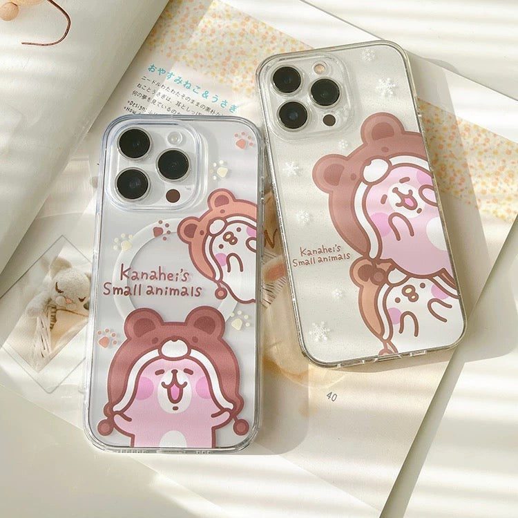 Japanese Cartoon Kanahei | Winter with Bear Hat Pink Rabbit and White Chicken - iPhone Case 12 13 14 15 Pro Promax