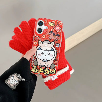 Japanese Cartoon ChiiKawa Laser Phone Case with Strap | Red Horse ChiiKawa Hachiware Usagi - iPhone Case PLUS SE2 11 12 13 14 15 16 16e 17 17e Pro Promax 12mini 13mini
