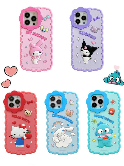 Sanrio Silicone Flower Line Phone Case | Hello Kitty My Melody Kuromi Cinnamoroll Hangyodon - iPhone Case iPhone 12 13 14 15 Pro Promax