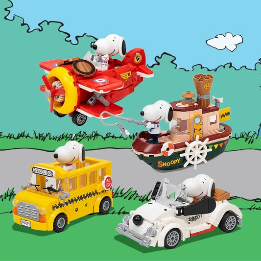 Pan Tasy x Peanut Go to Where Series | Biplane School Bus Steam Boat Roadster - Lovely Dog and Yellow Birds Building Blocks Toy Collections