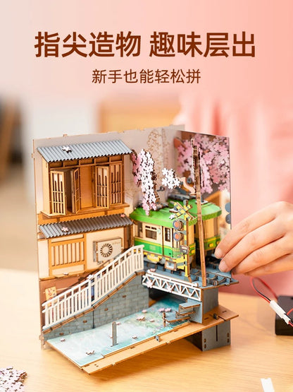 Craft Kits Wooden Booknook & Wonderland | Sakura Sping Tram Stop - DIY Handmade Mini World Miniature Gift with LED Light
