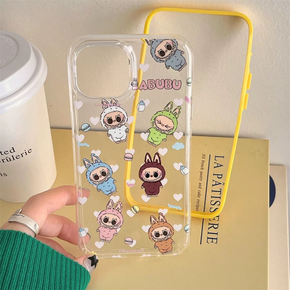 Cute Cartoon Labubu Zimomo with Macarons Yellow Line - iPhone Case 13 14 15 Pro Promax