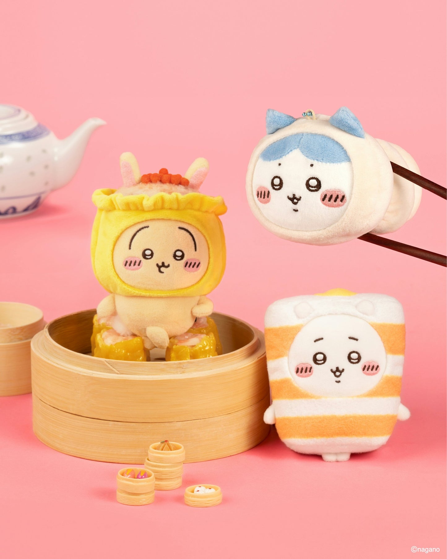 [Pre-order] ChiiKawa Yum Cha Limited Series | ChiiKawa Hachiware Usagi Momonga Kurimanju Rakko Shisa Crab in Dim Sum Costumes Cute Plush Doll Keychain - Kawaii items Room Decoration Doll l
