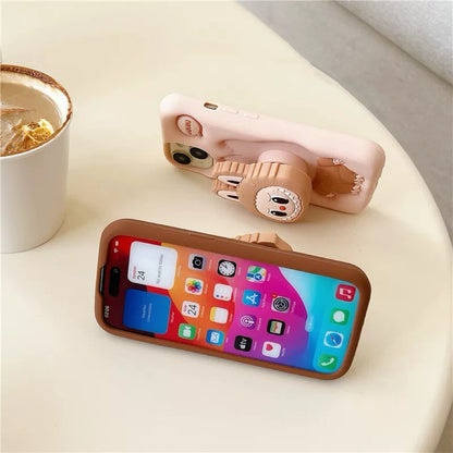 Cute Cartoon Labubu Zimomo Silicone with Stand | Brown Pink - iPhone Case 7 8 6 XR XS X 11 12 13 14 15 Pro Plus Promax