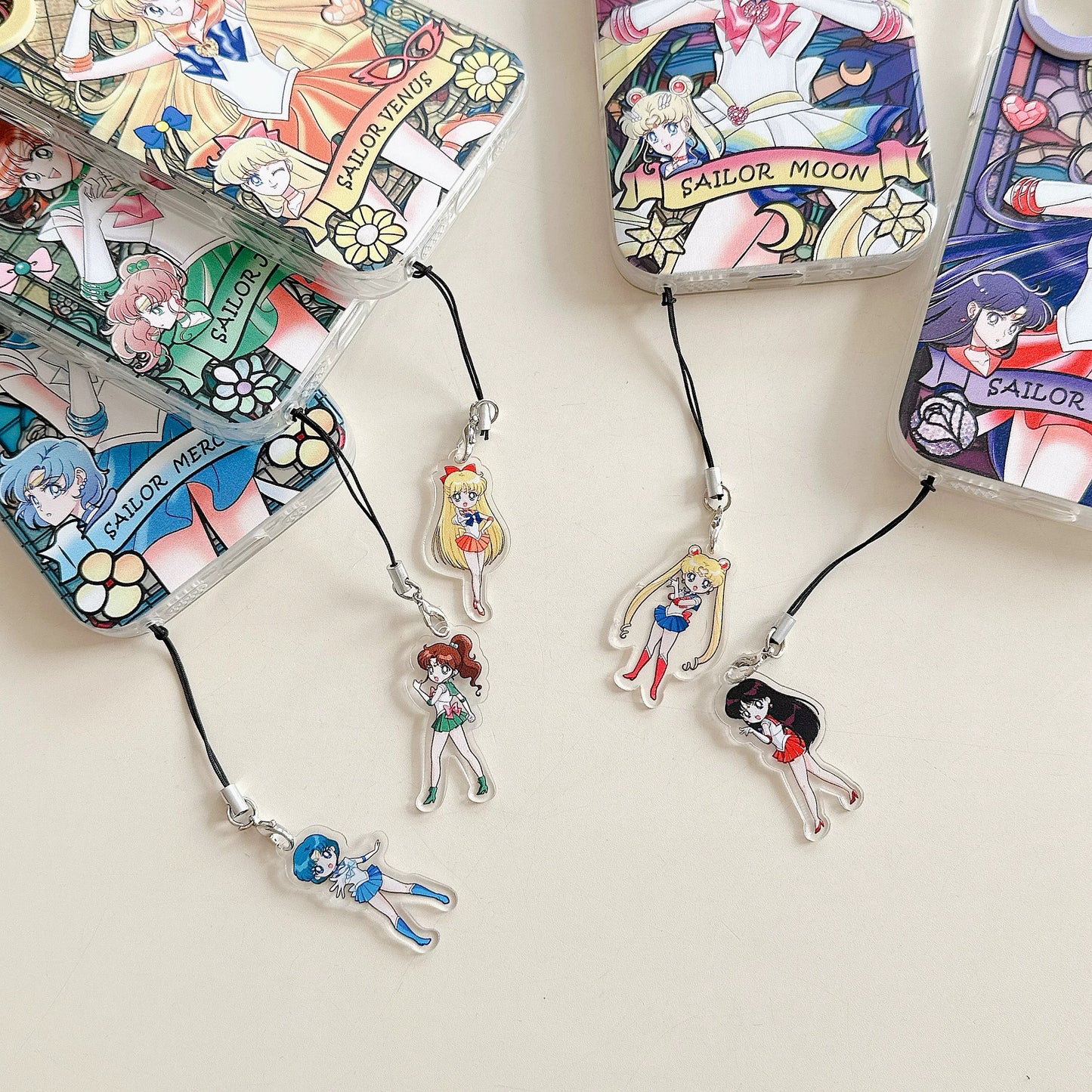 Japanese Cartoon Sailor Moon Phone Case with Strap Comic Version | Laser Glass Window Sailor Moon Mercury Mars Jupiter Venus - Phone Case Samsung Galaxy S26 S25 S24 S23 S22 S21 FE Ultra Edge