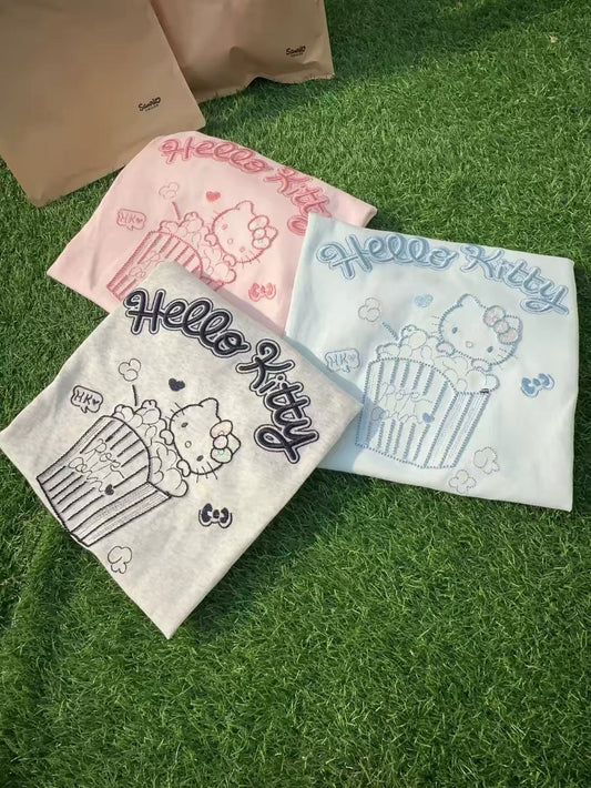 韓国ファッション かわいいカートゥーンスタイルTシャツシリーズ | キラキラ刺繍ポップコーンハローキティ - カワイイファッションアイテム