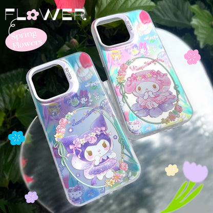 Japanese Cartoon Sanrio Spring Flower Fairy | Hello Kitty My Melody Kuromi Cinnamoroll Pompompurin Hangyodon Laser Silver - iPhone Case 11 12 13 14 15 16 16e Pro Promax - KawaiiGiftLand