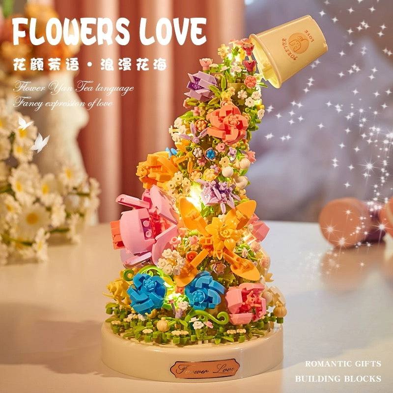 Mini Block Building with Cover | Flower Love Swan Flower - with LED Lights Valentine Gift DIY Handmade Gift