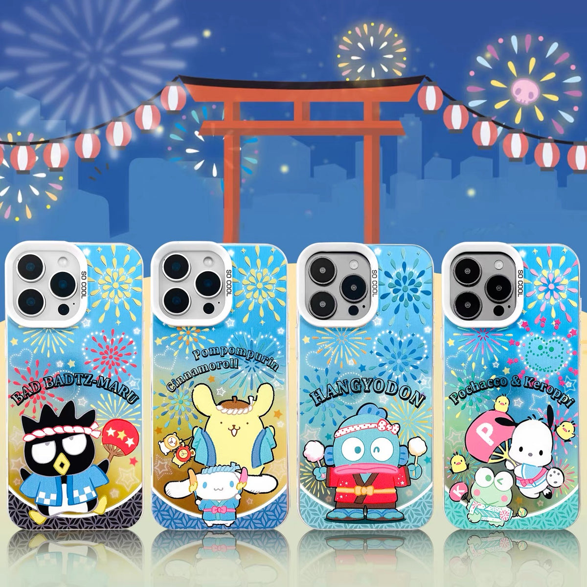 Japanese Cartoon Sanrio Summer Festival Laser Case | Bad Badtz Maru Pompompurin Hangyodon Pochacco & Keroppi 4 Styles - iPhone Case 11 12 13 14 15 16 16e 17 17e Pro Promax