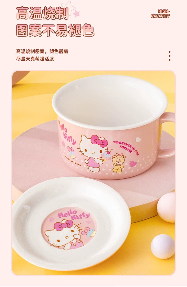 Sanrio Ceramic Bowl with Plate Cover | Hello Kitty My Melody Kuromi Cinnamoroll Pochacco - Rice Noodles Bowl