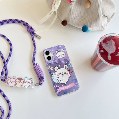Japanese Cartoon Phone Back Clip with Phone Lanyard | Chiikawa Purple - for All Smart Phones