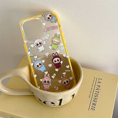 Cute Cartoon Labubu Zimomo with Macarons Yellow Line - iPhone Case 13 14 15 Pro Promax