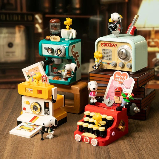 Pan Tasy x Peanut Vintage Series | Romantic Typewriter Coffee Machine Camera Radio - Lovely Dog and Yellow Birds Building Blocks Toy Collections