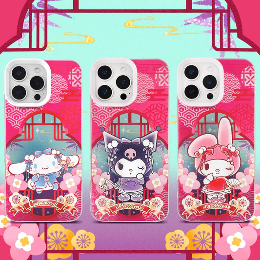 Japanese Cartoon Sanrio Chinese Style Laser Case | Hello Kitty My Melody Kuromi Cinnamoroll Hangyodon 5 Styles - iPhone Case 11 12 13 14 15 16 16e 17 17e Pro Promax