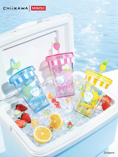 ChiiKawa X Miniso Fruit Market Series | ChiiKawa Hachiware Usagi Fruit Style Transparent Drink Cup with Straw - Kawaii Items Room Decoration