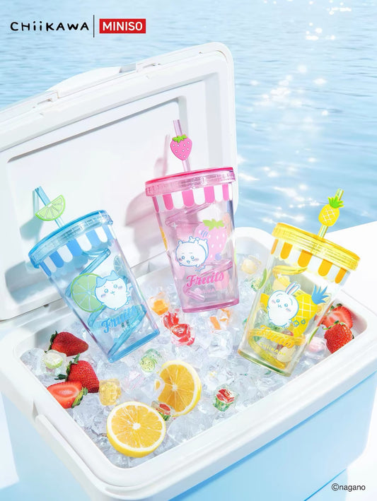 ChiiKawa X Miniso Fruit Market Series | ChiiKawa Hachiware Usagi Fruit Style Transparent Drink Cup with Straw - Kawaii Items Room Decoration
